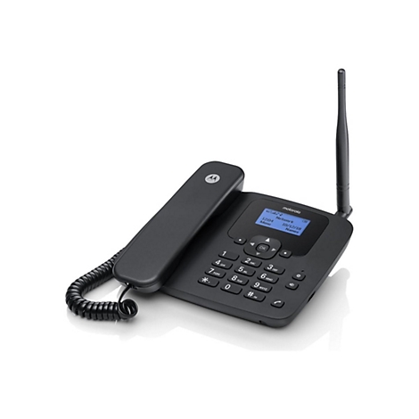 Schwarzes Motorola-Tischtelefon mit Antenne und beleuchtetem Display vor weißem Hintergrund.
