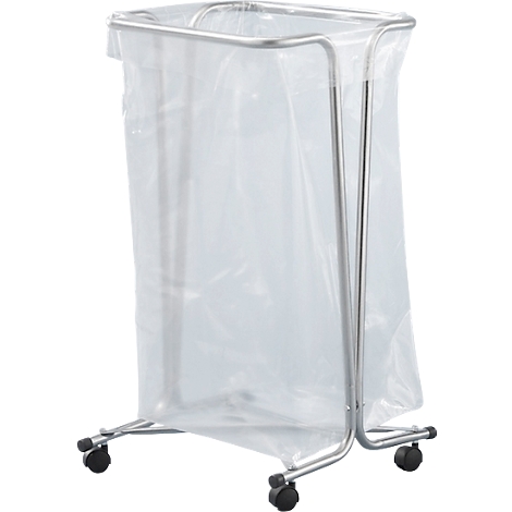 Wasmand op wielen. Metalen frame, doorzichtige plastic zak.