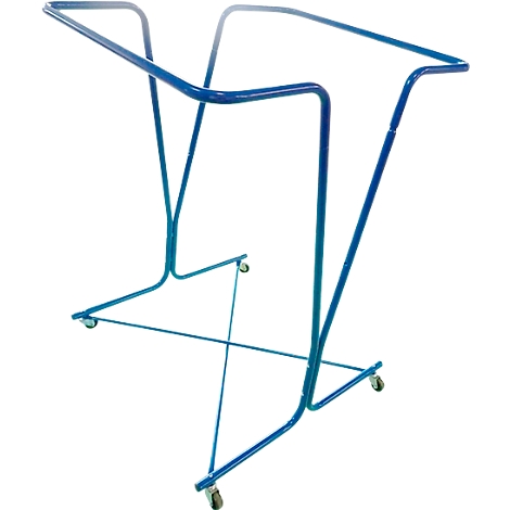 Blauw, mobiel kledingrek, van metaal, met wieltjes. Het bovenste deel is gebogen, het onderste deel is hoekig.