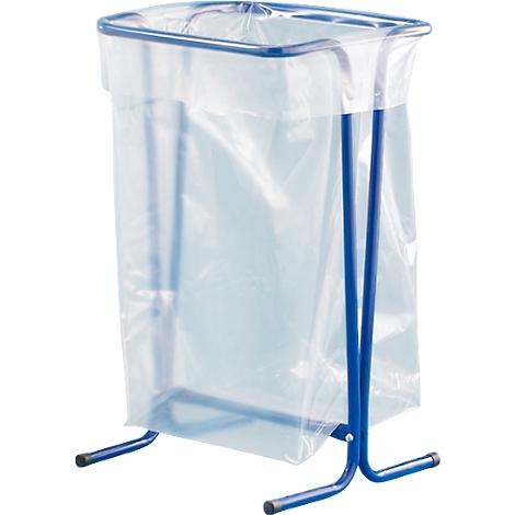 Blauw metalen frame met een plastic zak. Het frame heeft een rechthoekige vorm en staat op kleine voetjes.