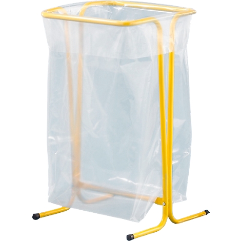 Geel frame met plastic vuilniszak. De zak is transparant, het frame is gemaakt van metalen buizen.