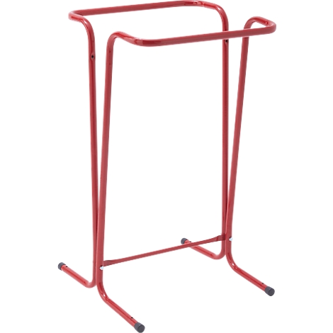 Rode, vrijstaande metalen kledingrek. Het rek heeft een rechthoekig frame met vier steunpoten.