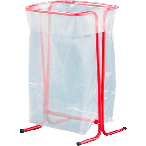 Rood metalen frame met een doorzichtige plastic zak voor afval.