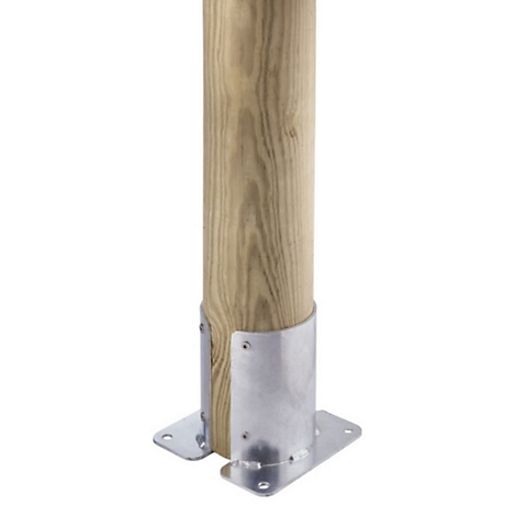 Holzpfosten in einem verzinkten U-Pfostenträger mit Bodenplatte.