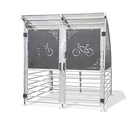 Metal bicycle shelter with two doors, each with a bicycle depicted on them.