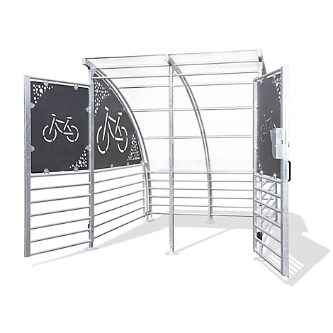 Metal bicycle shelter with open door, bicycle symbols, and transparent roof.
