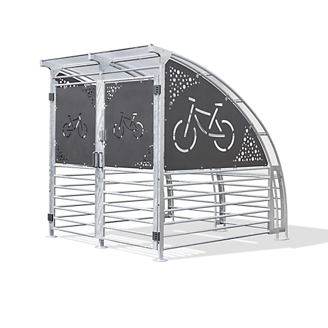 Metal bicycle shelter with bike symbols on the front, serving as protection.