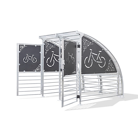 Metal bike shelter with bike symbols cut into the dark panels. Partially open.