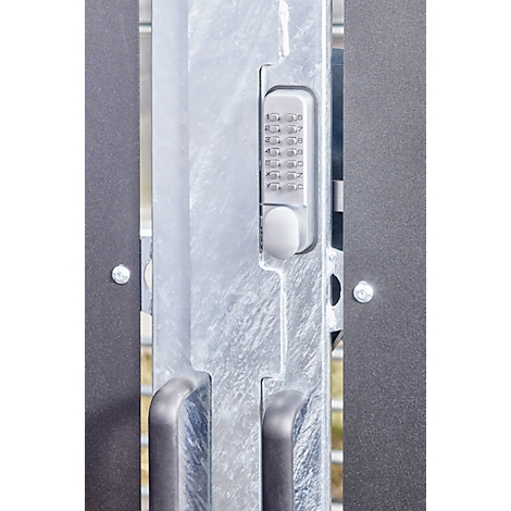 Detailed view of a fence gate with a silver keypad and door handle.