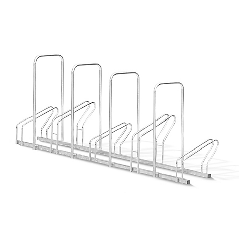 Metalen fietsenrek. Het rek is in een rij geplaatst en heeft verschillende houders voor fietsen.