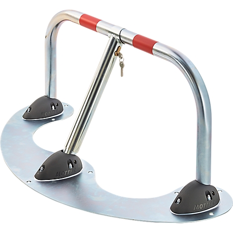 Foldable metal parking barrier with red accents and key.