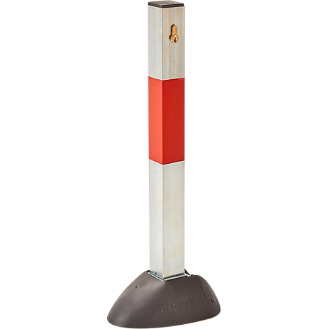 A silver bollard with a red section and black base, secured by a lock.