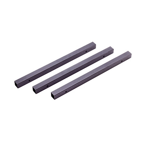 Drei schmale, dunkelgraue Metallstangen mit quadratischem Querschnitt und kleinen Bohrungen vor weißem Hintergrund.