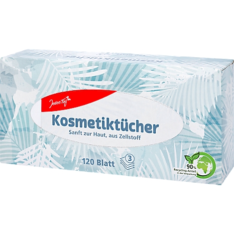 Boîte de mouchoirs cosmétiques, blanche avec motif de feuilles de palmier bleues, logo rouge "Jeden Tag"; Texte : "Mouchoirs cosmétiques, doux pour la peau, en cellulose".
