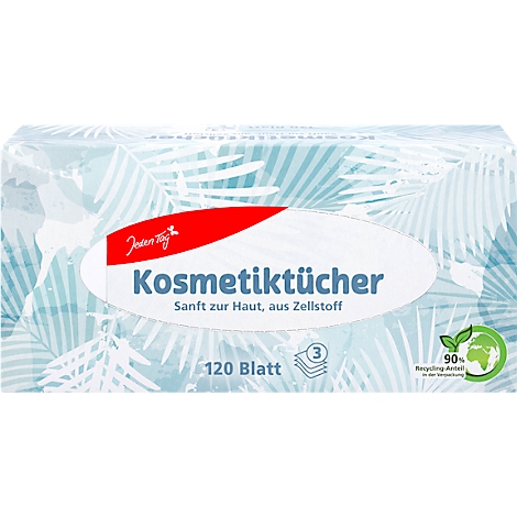 Boîte de mouchoirs cosmétiques, blanche avec motif de feuilles de palmier bleues, texte : mouchoirs cosmétiques, 120 feuilles, 90 % de contenu recyclé.