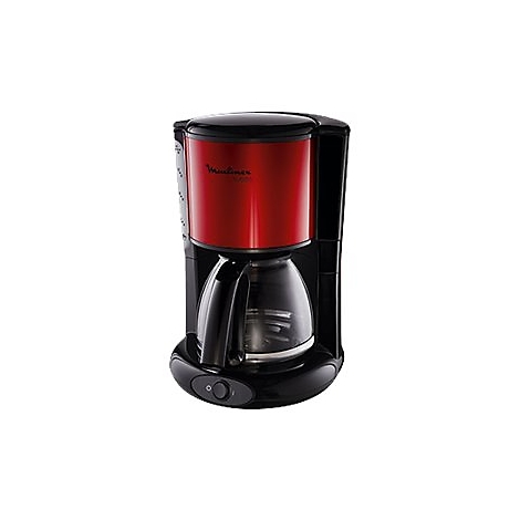 Kaffeemaschine von Moulinex in Rot und Schwarz mit Glaskanne vor weißem Hintergrund.