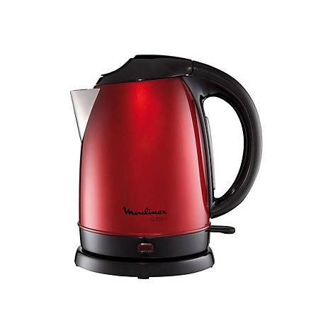 Roter Moulinex Wasserkocher Subito mit schwarzem Griff und Sockel vor weißem Hintergrund.