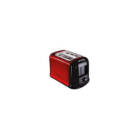 Roter Moulinex Toaster mit zwei Schlitzen und schwarzer Bedienfront vor weißem Hintergrund.