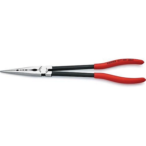 Needle-nose pliers with red handles and black center. Inscription: KNIPEX 261 200
