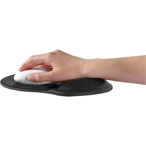 Hand on an ergonomic mouse with wrist rest. Black rest, white mouse, fair skin.