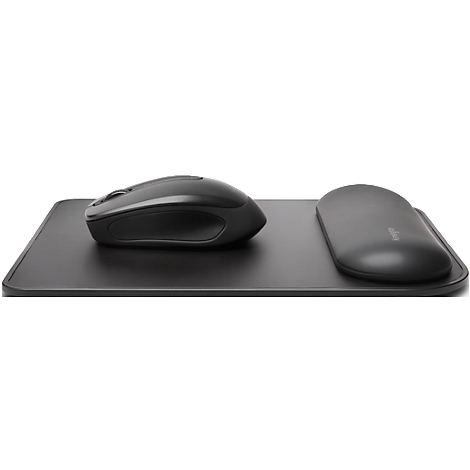 Black ergonomic mouse with wrist rest on a black mouse pad.