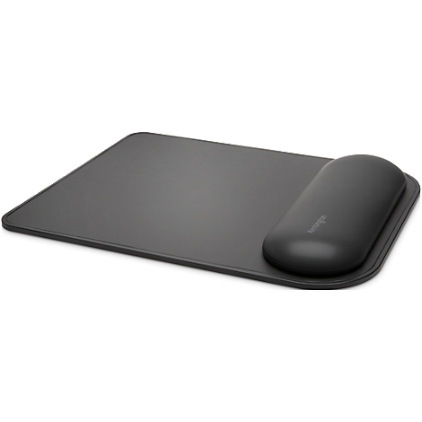 Grey mousepad with wrist rest. The rest is black with a silver logo.