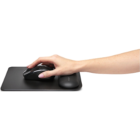 Hand on black mouse, on a black pad. Next to it is another mouse.