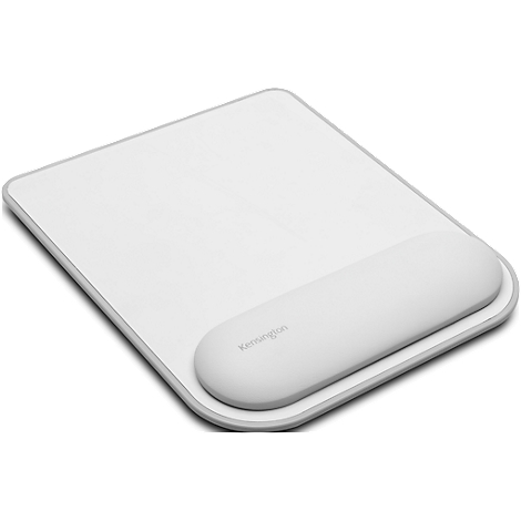 White mouse pad with wrist rest. Gray frame, Kensington lettering.