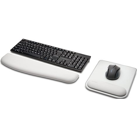 Black keyboard, white wrist rest and mousepad with mouse. All items are on a white background.
