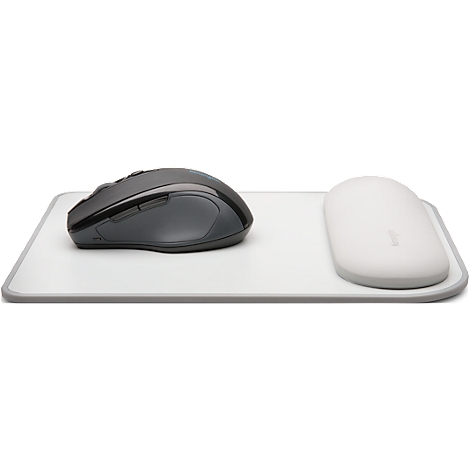 Gray mouse with white hand rest on a white pad with a gray border.