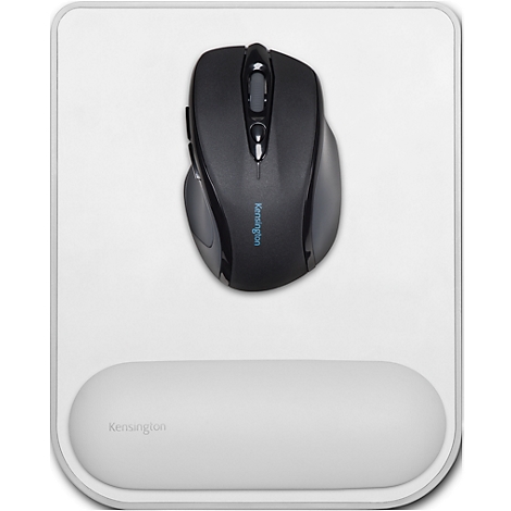 Black Kensington mouse and wrist rest on white mousepad.