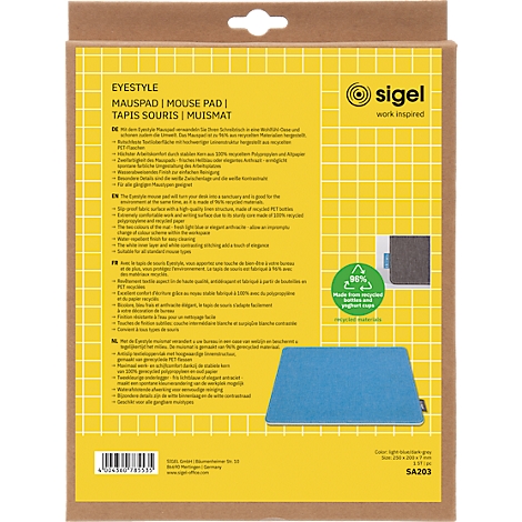 Packaging with a blue mouse pad, product name: EYSSTYLE Mouse Pad, manufacturer Sigel. The background is yellow with a grid.