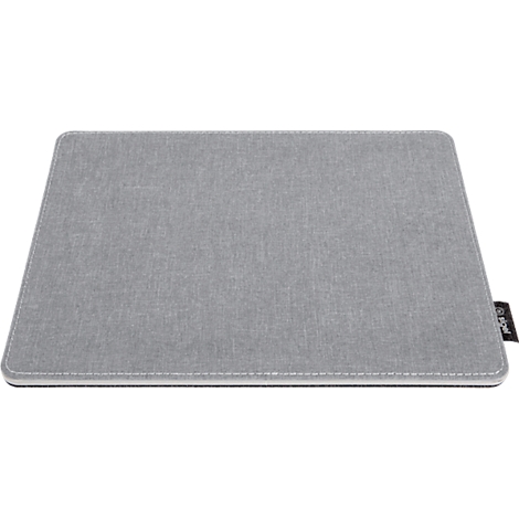 Gray, rectangular mousepad. With white border and small logo.