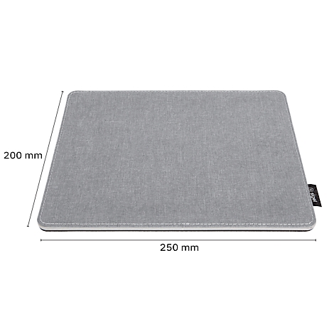 Grey mouse pad with dimensions. 200 mm x 250 mm, label.