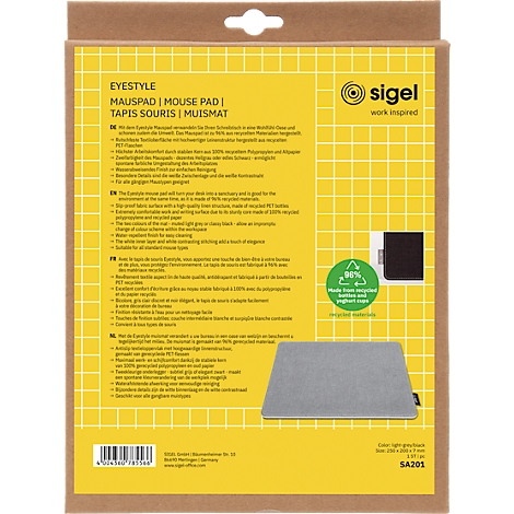 Packaging of a grey mousepad. The packaging says "EYESTYLE", "MOUSE PAD", "SIGEL". The packaging has the label "98% Made from recycled bottles and yoghurt cups".