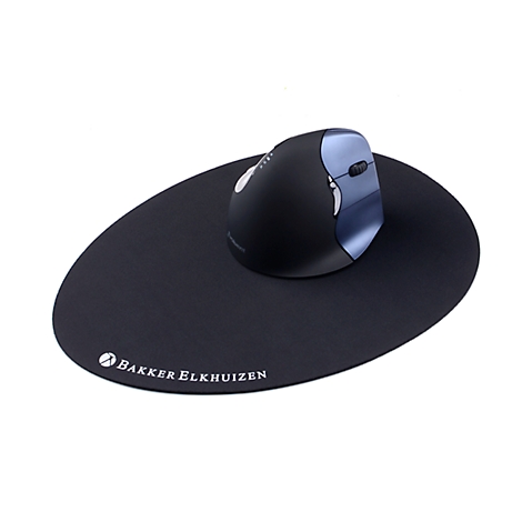 Black ergonomic mouse with a blue accent on a black, oval mousepad. "Bakker Elkhuizen" is on the pad.