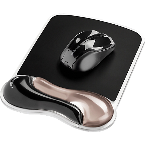 Black mousepad with wrist rest and mouse. White frame. The pad has a rectangular shape with rounded corners.