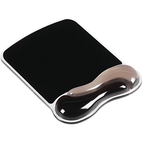 Black mouse pad with wrist rest. White frame. Rests in black and transparent brown.