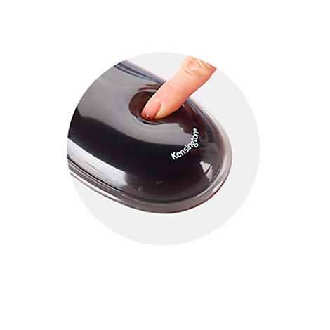A finger pressing a button on a black Kensington device. The name Kensington is visible.
