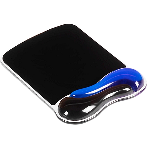 Black mouse pad with white frame and ergonomic wrist rest in blue and black.