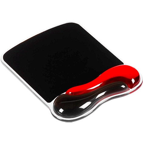 Black, square mousepad with red and black wrist rest.