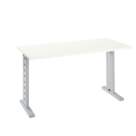 A white desk with a gray, height-adjustable frame against a white background.