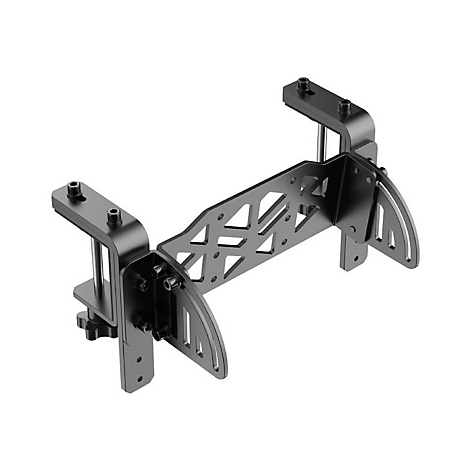 Schwarze Metallhalterung mit Klemmen und verstellbaren Seitenelementen vor weißem Hintergrund.