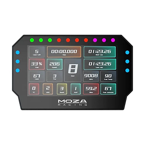 Digitales Display von Moza Racing mit farbigen Anzeigen für Geschwindigkeit, Gang und Rennstatistiken.
