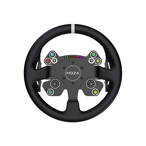 Schwarzes MOZA Gaming-Lenkrad mit vielen Tasten und LED-Anzeige vor weißem Hintergrund.