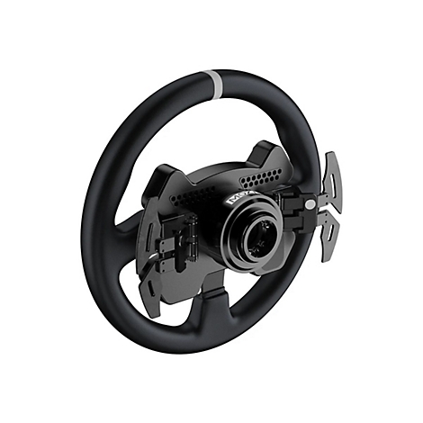 Schwarzes Sim-Racing-Lenkrad mit Schaltwippen vor weißem Hintergrund.