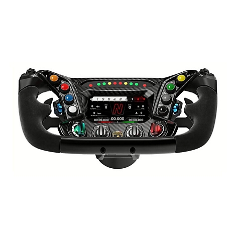 Schwarzes Lamborghini-Rennlenkrad aus Carbon mit digitalem Display, bunten Tasten und Drehreglern vor weißem Hintergrund.