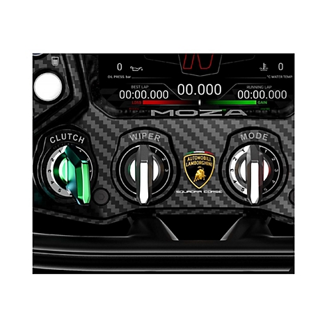 Nahaufnahme eines Rennlenkrads mit drei Drehreglern, Carbon-Optik und dem Lamborghini Squadra Corse Logo.