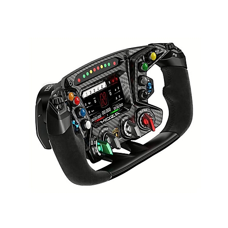 Moza Racing Lenkrad im Carbon-Design mit farbigen Tasten und Display vor weißem Hintergrund.