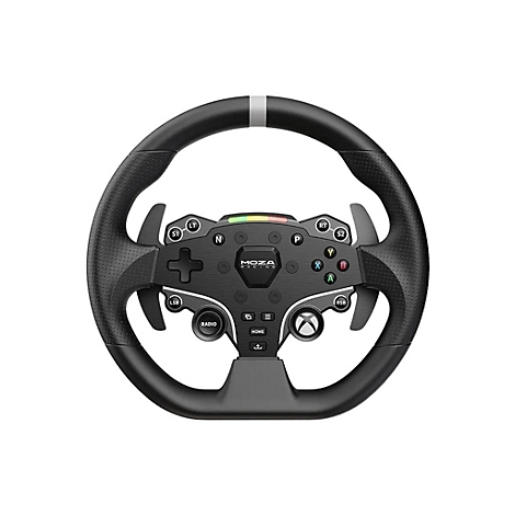 Schwarzes Moza Racing Lenkrad mit zahlreichen Tasten, Schaltwippen und zentralem Markenlogo vor weißem Hintergrund.
